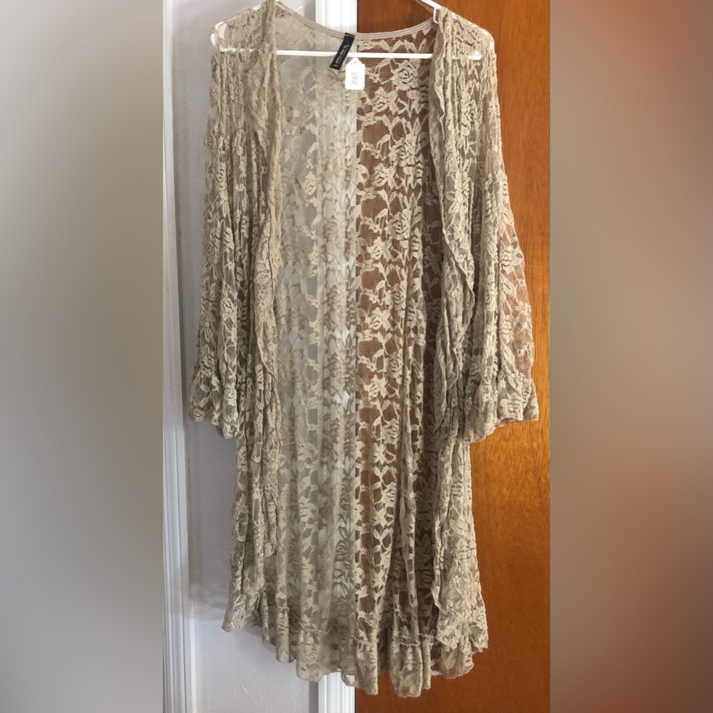 The Village Shoppe tan lace long cardigan